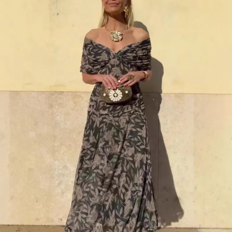 Alexis | Relaxed Off-Shoulder Floral Maxi Fall Wedding Guest Dress