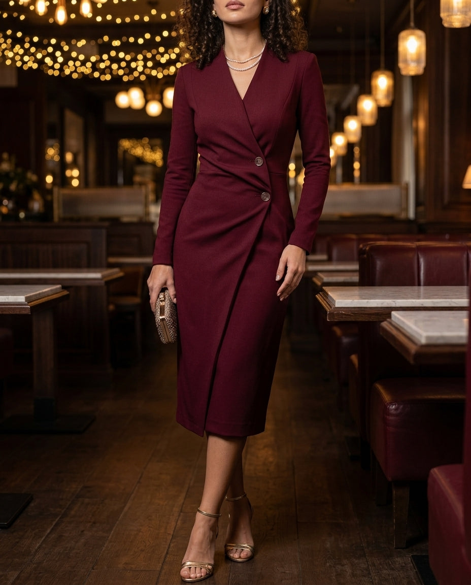 Alexis | Stylish Wrap Front Fall Wedding Guest Midi Dress
