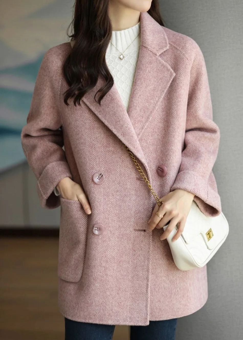 Alexis | Timeless Double-Breasted Herringbone Pea Coat