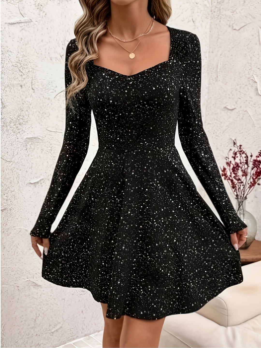 Alice | Cozy Sparkle Sweetheart Neck Holiday Dress