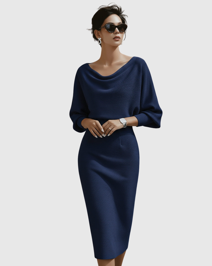 Alice | Sophisticated Draped Cowl Neck Fall Wedding Guest Midi Dress