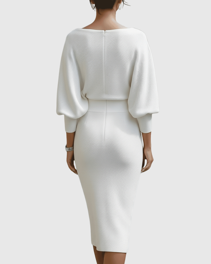 Alice | Sophisticated Draped Cowl Neck Fall Wedding Guest Midi Dress