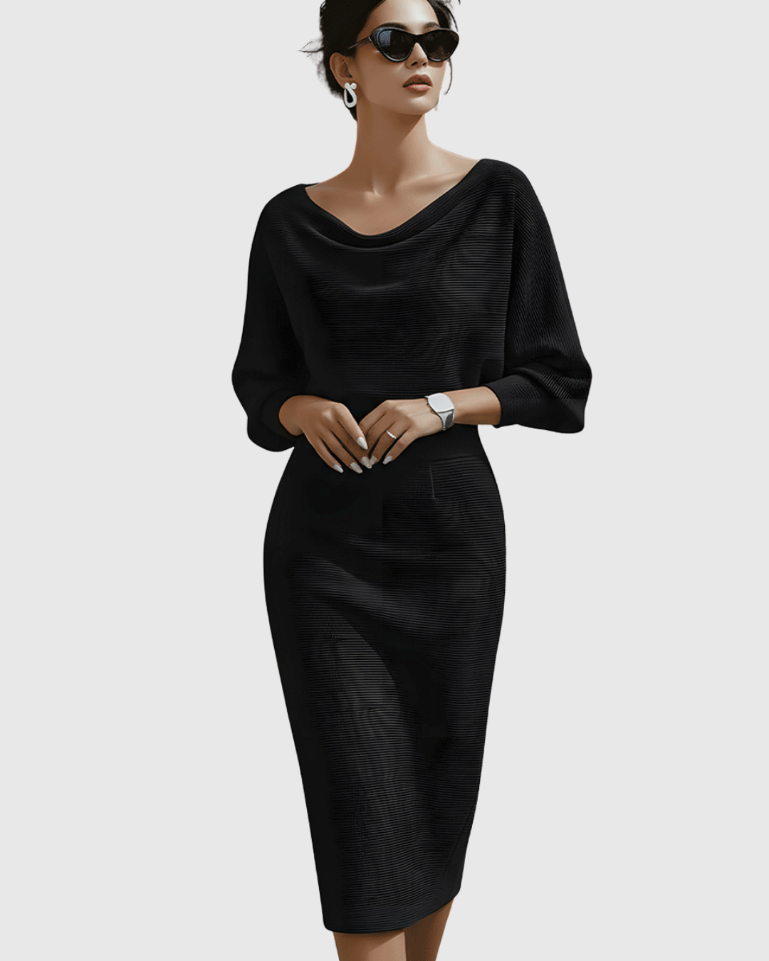 Alice | Sophisticated Draped Cowl Neck Fall Wedding Guest Midi Dress