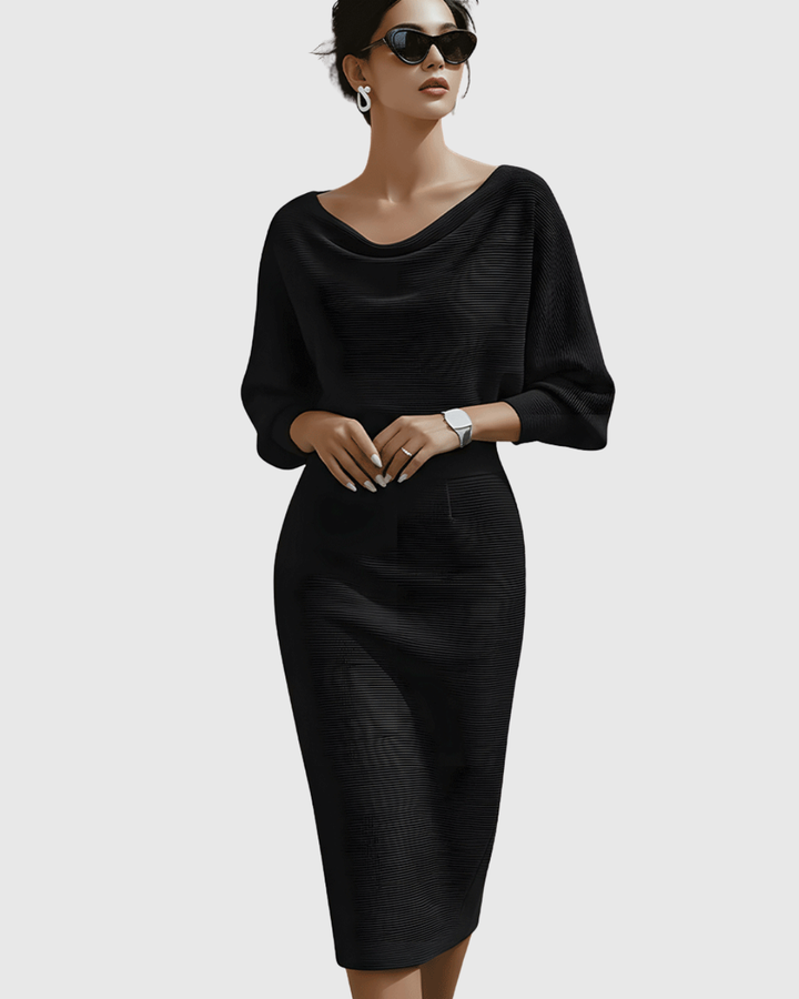 Alice | Sophisticated Draped Cowl Neck Fall Wedding Guest Midi Dress