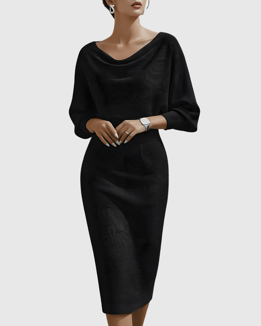 Alice | Sophisticated Draped Cowl Neck Fall Wedding Guest Midi Dress