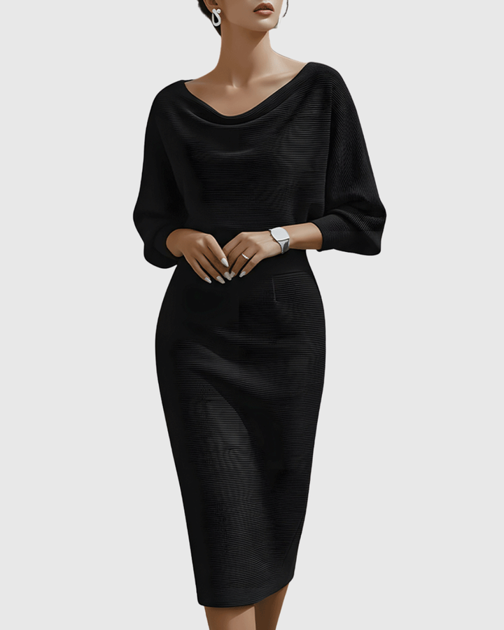 Alice | Sophisticated Draped Cowl Neck Fall Wedding Guest Midi Dress