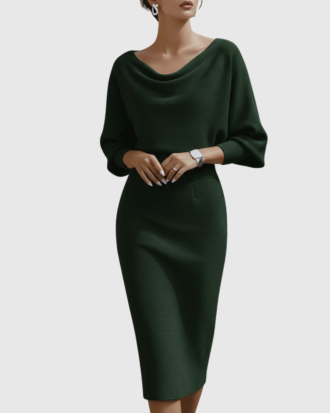 Alice | Sophisticated Draped Cowl Neck Fall Wedding Guest Midi Dress