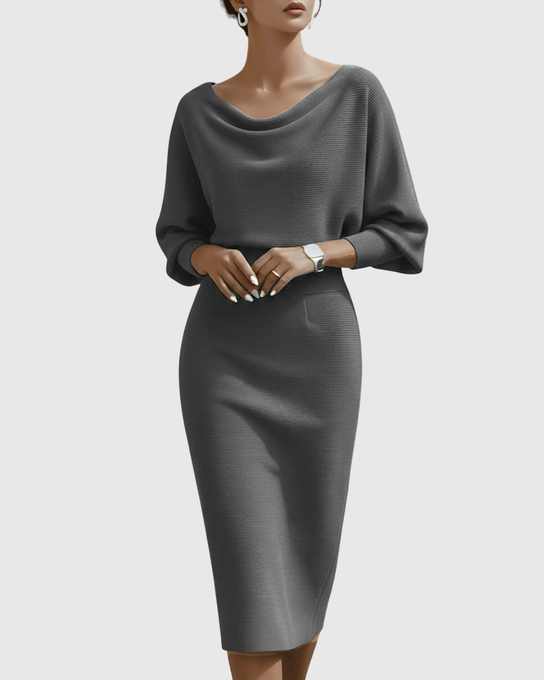 Alice | Sophisticated Draped Cowl Neck Fall Wedding Guest Midi Dress