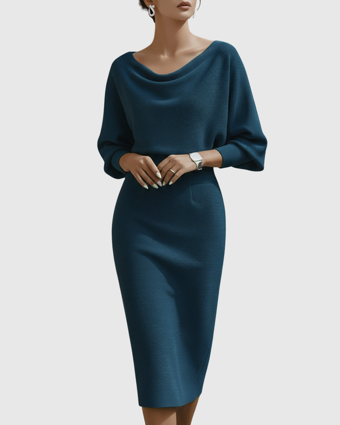 Alice | Sophisticated Draped Cowl Neck Fall Wedding Guest Midi Dress