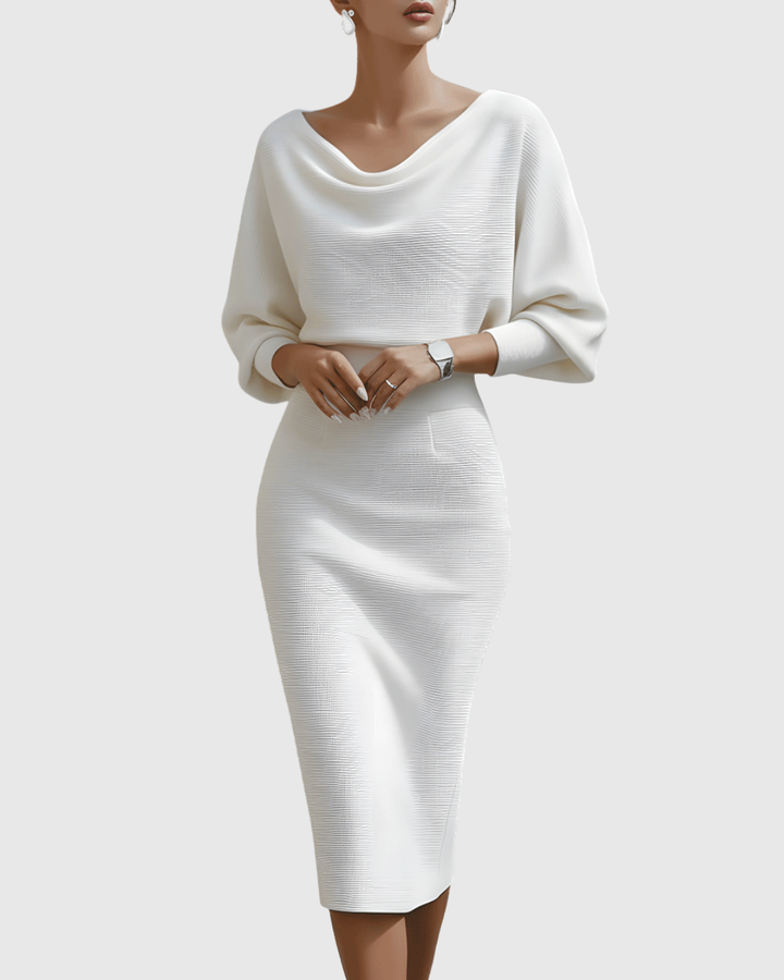 Alice | Sophisticated Draped Cowl Neck Fall Wedding Guest Midi Dress
