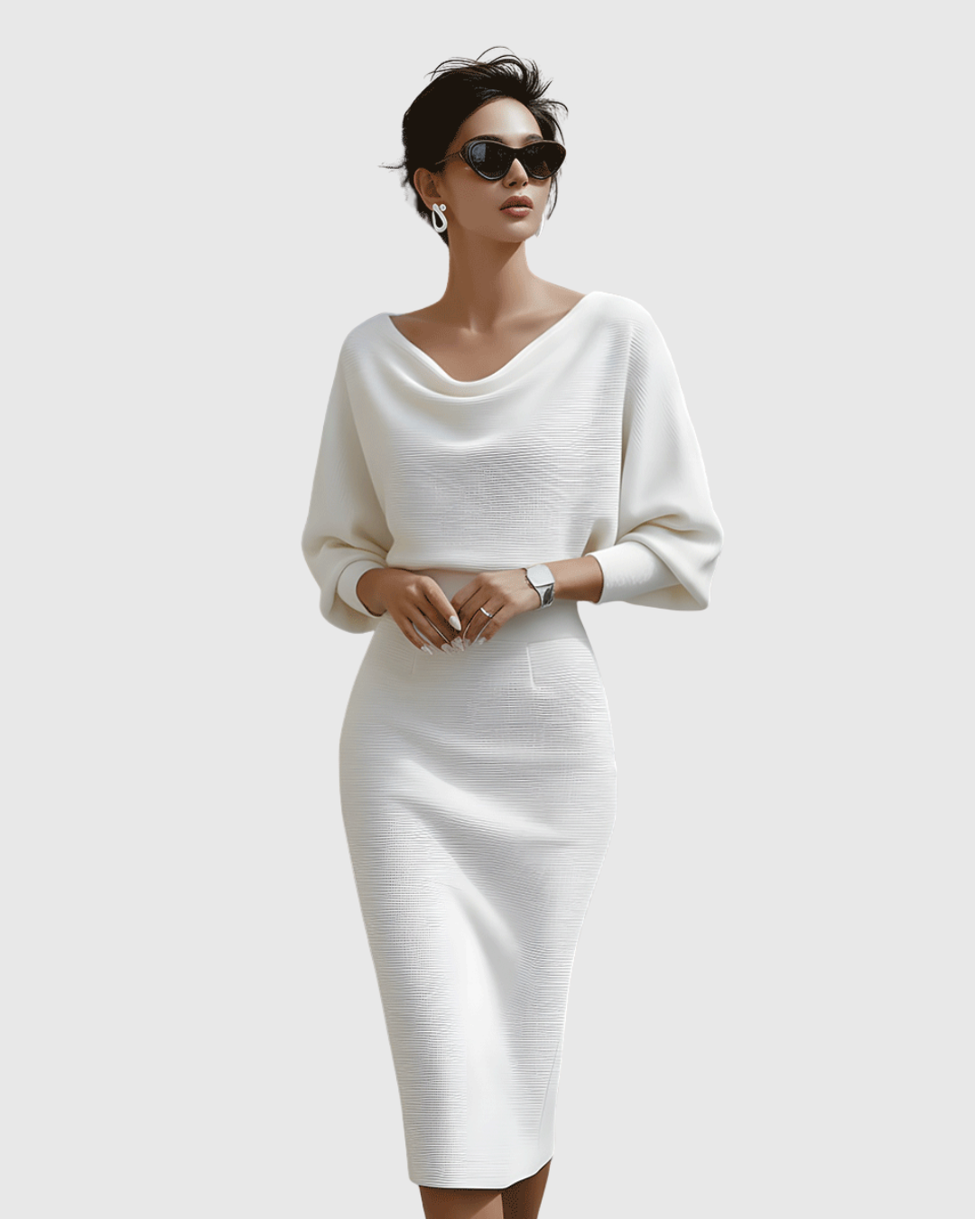 Alice | Sophisticated Draped Cowl Neck Fall Wedding Guest Midi Dress