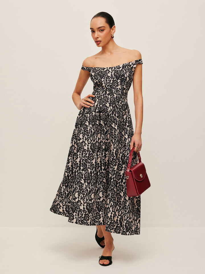 Amber | Elegant Off-Shoulder Floral Fall Wedding Guest Maxi Dress