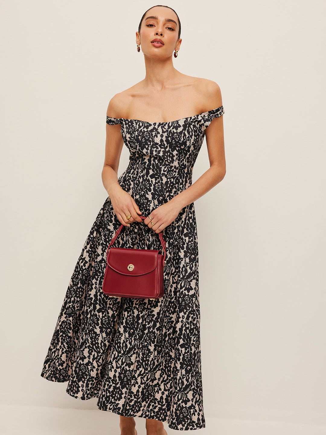 Amber | Elegant Off-Shoulder Floral Fall Wedding Guest Maxi Dress