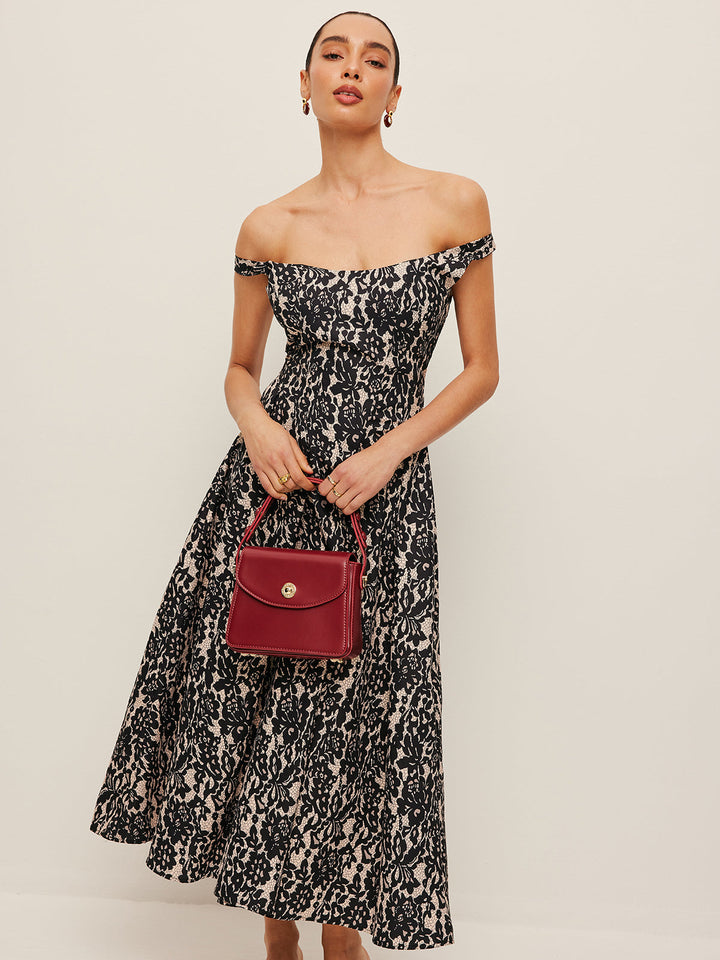 Amber | Elegant Off-Shoulder Floral Fall Wedding Guest Maxi Dress