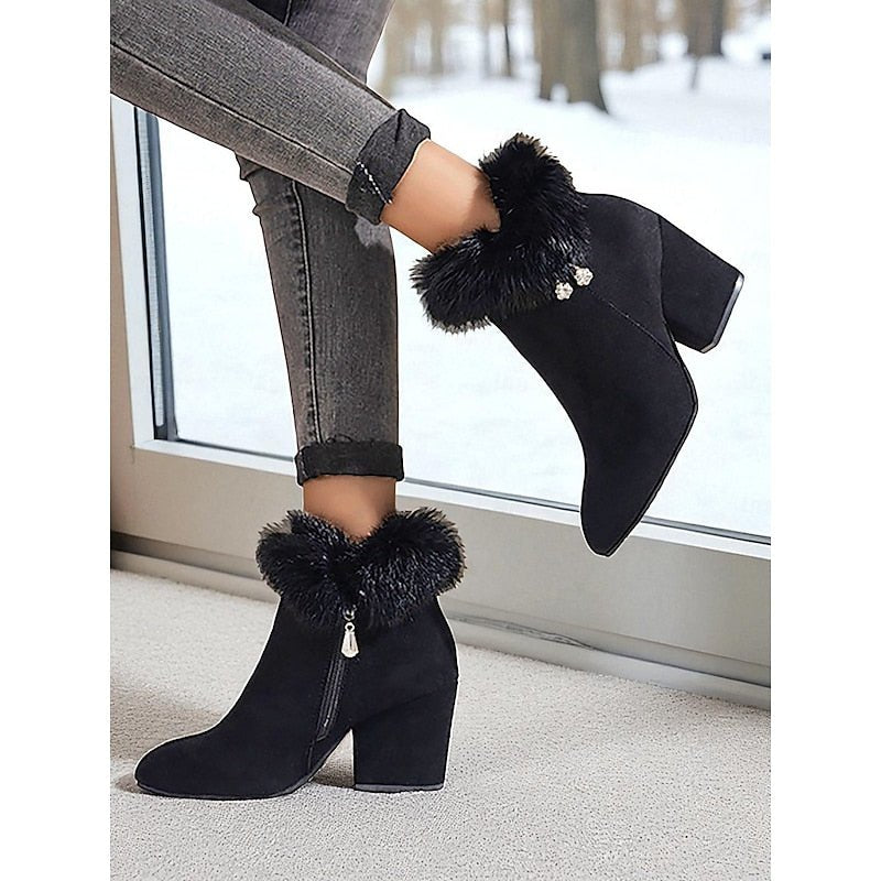 Amber | Plush Trim Block Heel Ankle Boots