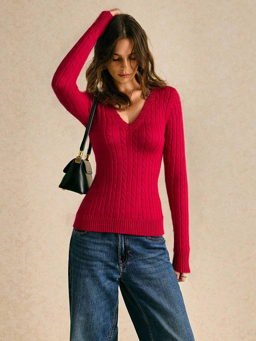 Amber | Sophisticated Ribbed V-Neck Cable Knit Sweater