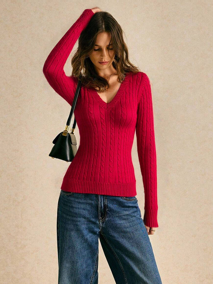 Amber | Sophisticated Ribbed V-Neck Cable Knit Sweater