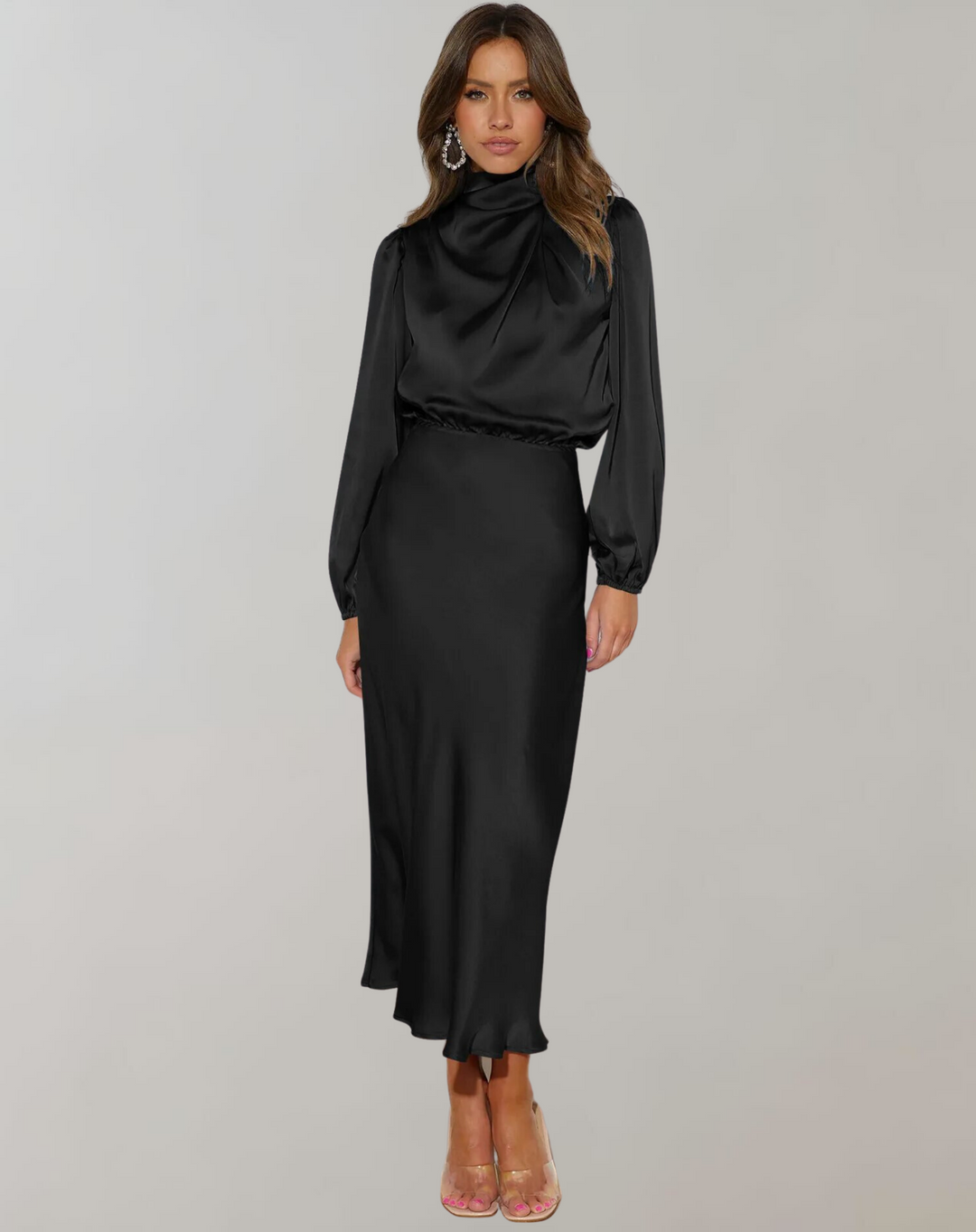 Amber | Stylish Draped Cowl Neck Satin Fall Wedding Guest Dress