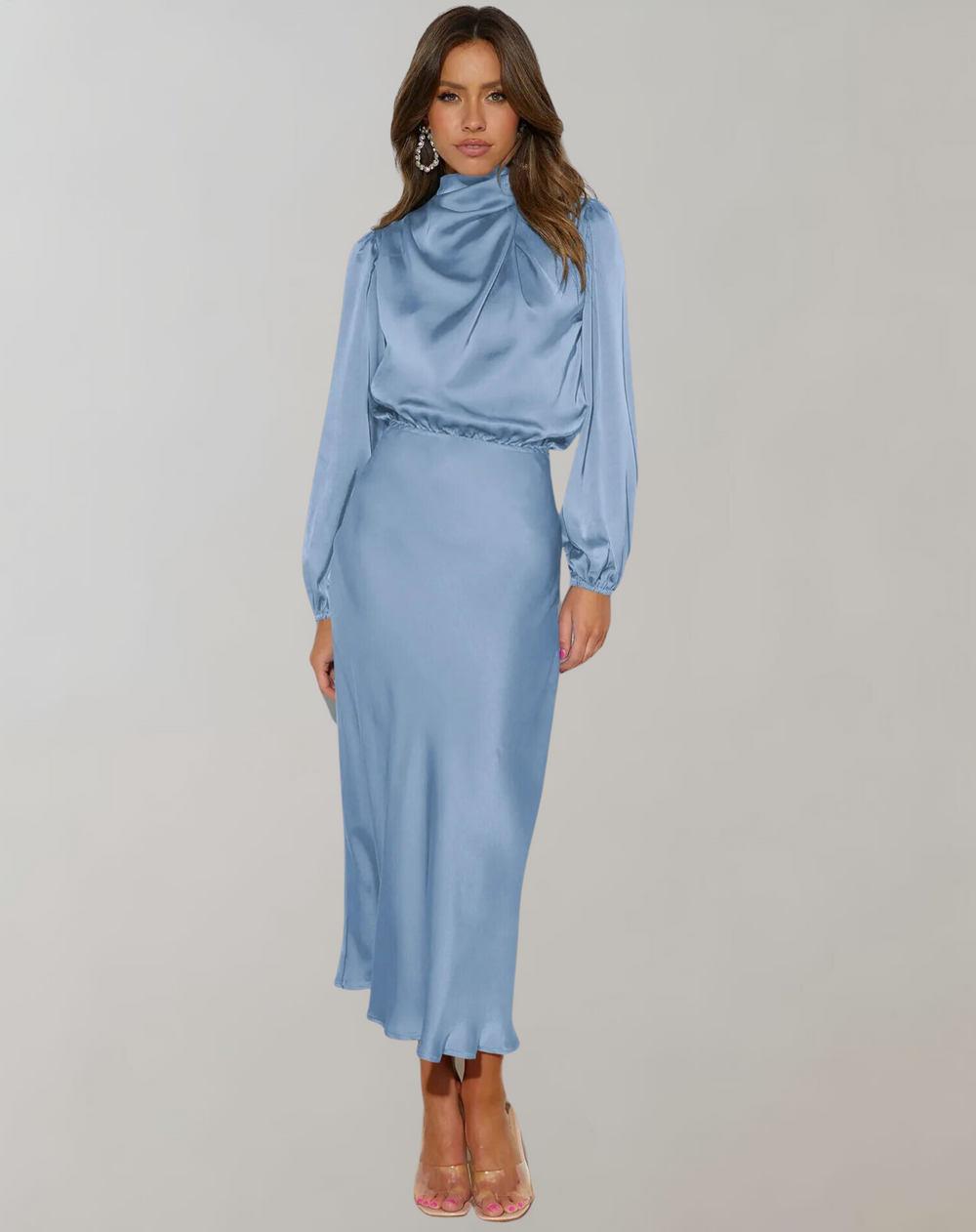 Amber | Stylish Draped Cowl Neck Satin Fall Wedding Guest Dress