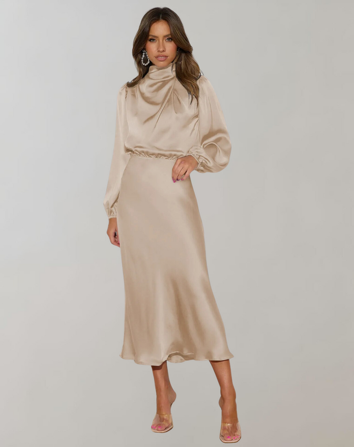 Amber | Stylish Draped Cowl Neck Satin Fall Wedding Guest Dress