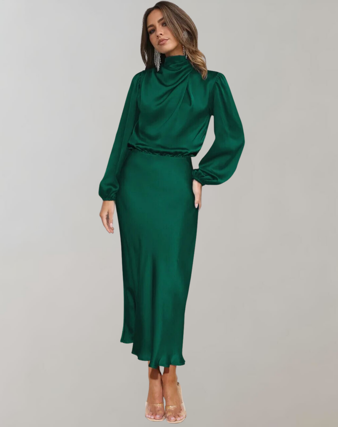 Amber | Stylish Draped Cowl Neck Satin Fall Wedding Guest Dress