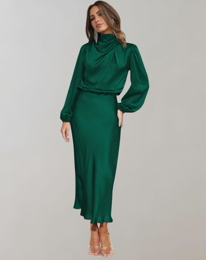 Amber | Stylish Draped Cowl Neck Satin Fall Wedding Guest Dress