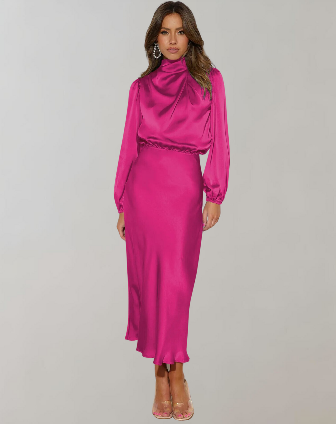 Amber | Stylish Draped Cowl Neck Satin Fall Wedding Guest Dress