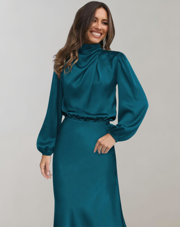 Amber | Stylish Draped Cowl Neck Satin Fall Wedding Guest Dress