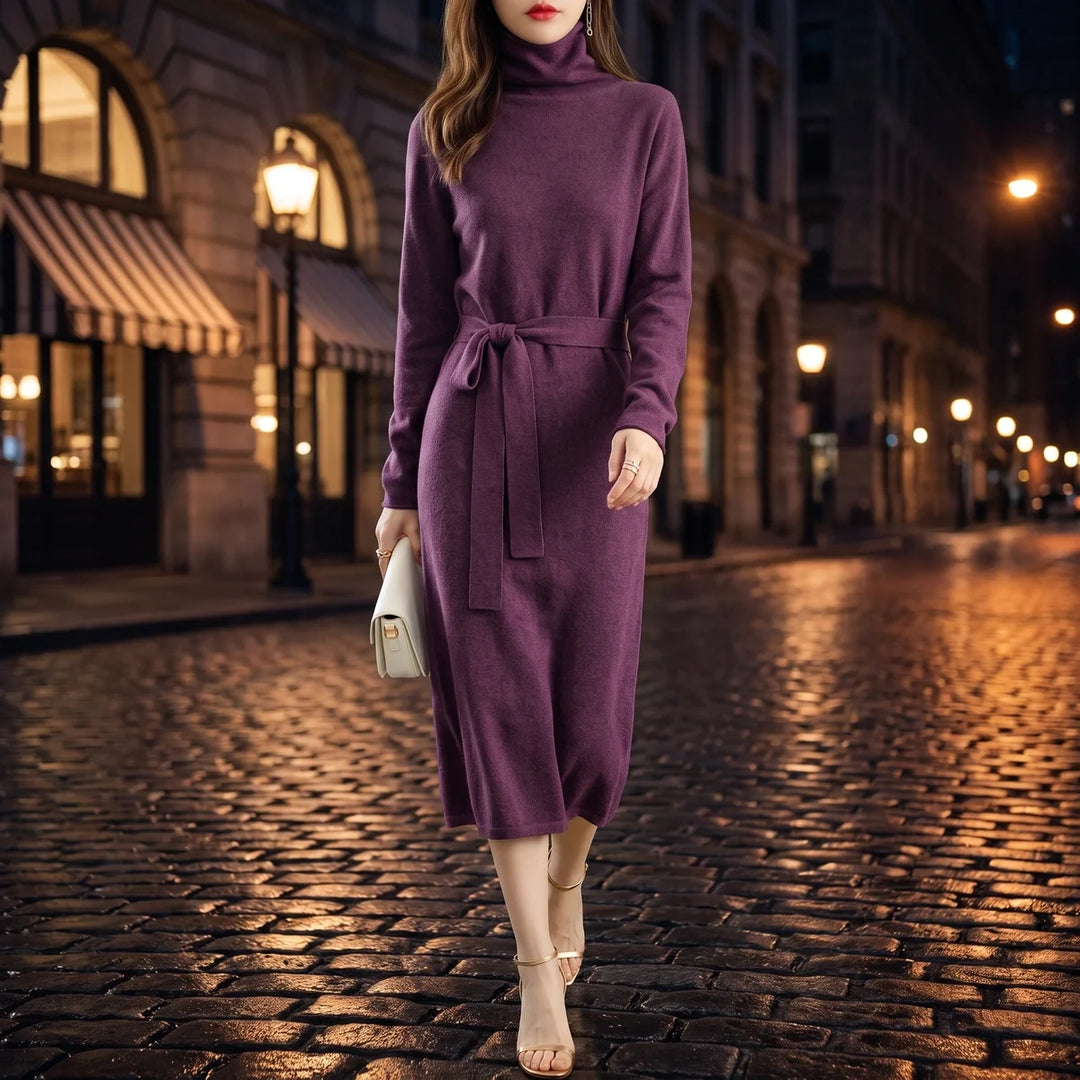 Andrea | Belted Long Sleeve Turtleneck Midi Sweater Dress