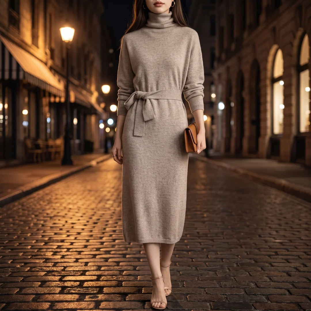 Andrea | Belted Long Sleeve Turtleneck Midi Sweater Dress