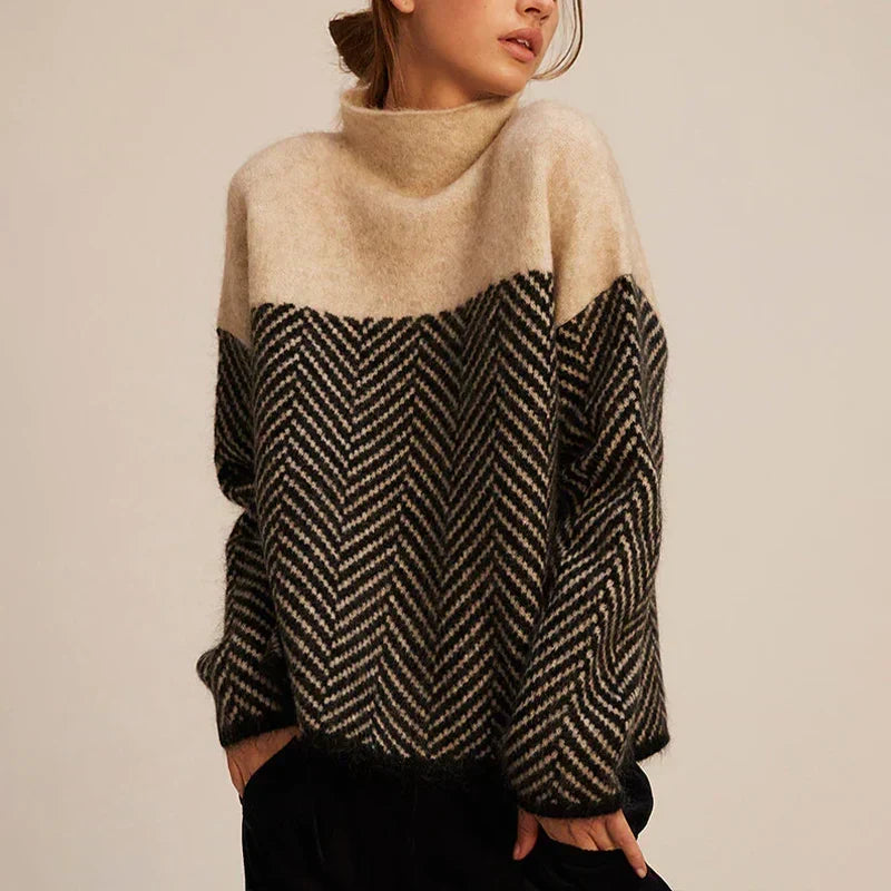 Andrea | Sophisticated Herringbone Funnel Neck Turtleneck Sweater