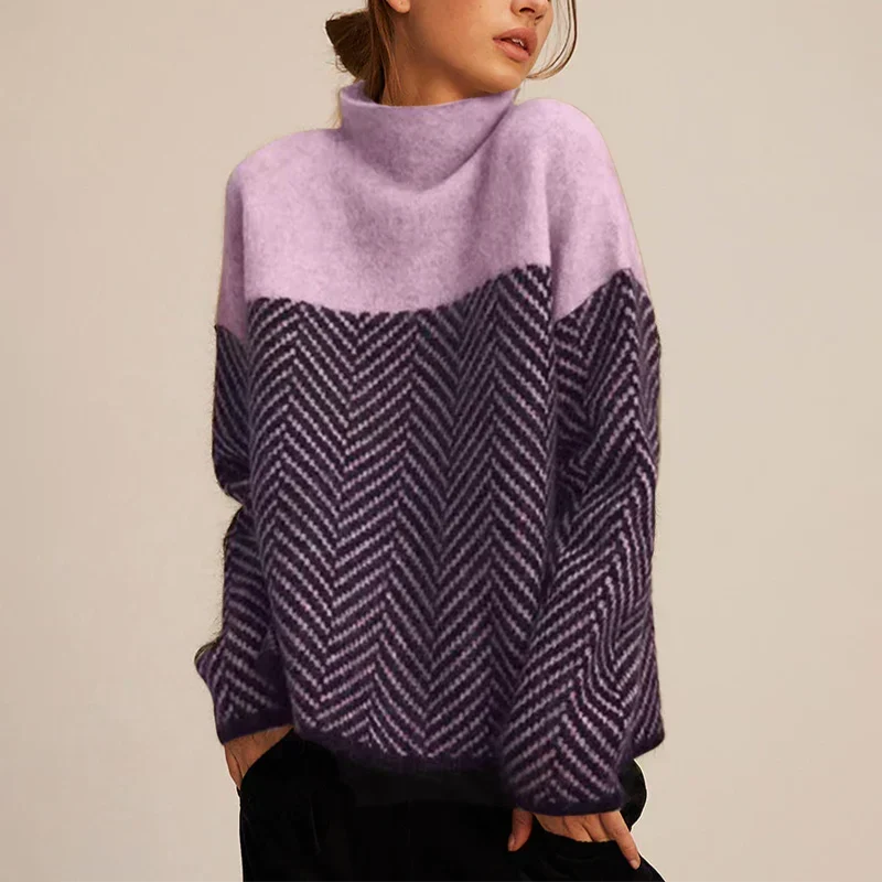 Andrea | Sophisticated Herringbone Funnel Neck Turtleneck Sweater