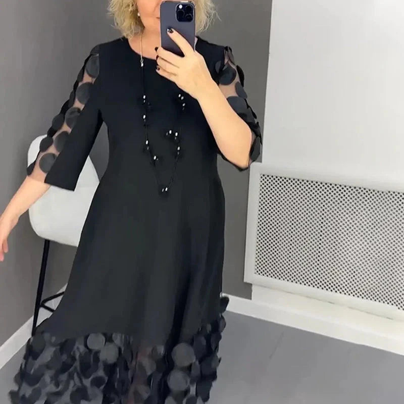 Angela | Effortless Mesh Dot Flared Christmas Party Midi Dress