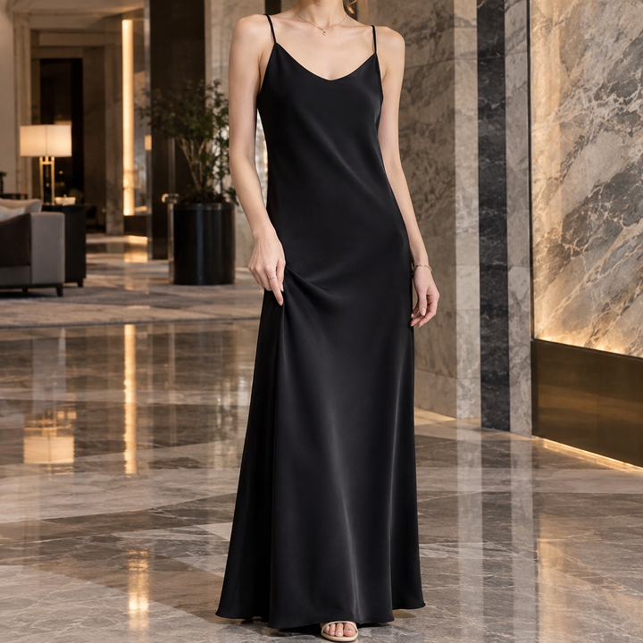 Angela | Elegant Satin Slip Fall Wedding Guest Maxi Dress