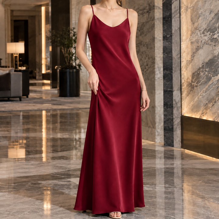Angela | Elegant Satin Slip Fall Wedding Guest Maxi Dress
