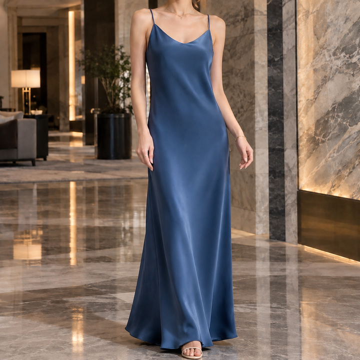 Angela | Elegant Satin Slip Fall Wedding Guest Maxi Dress