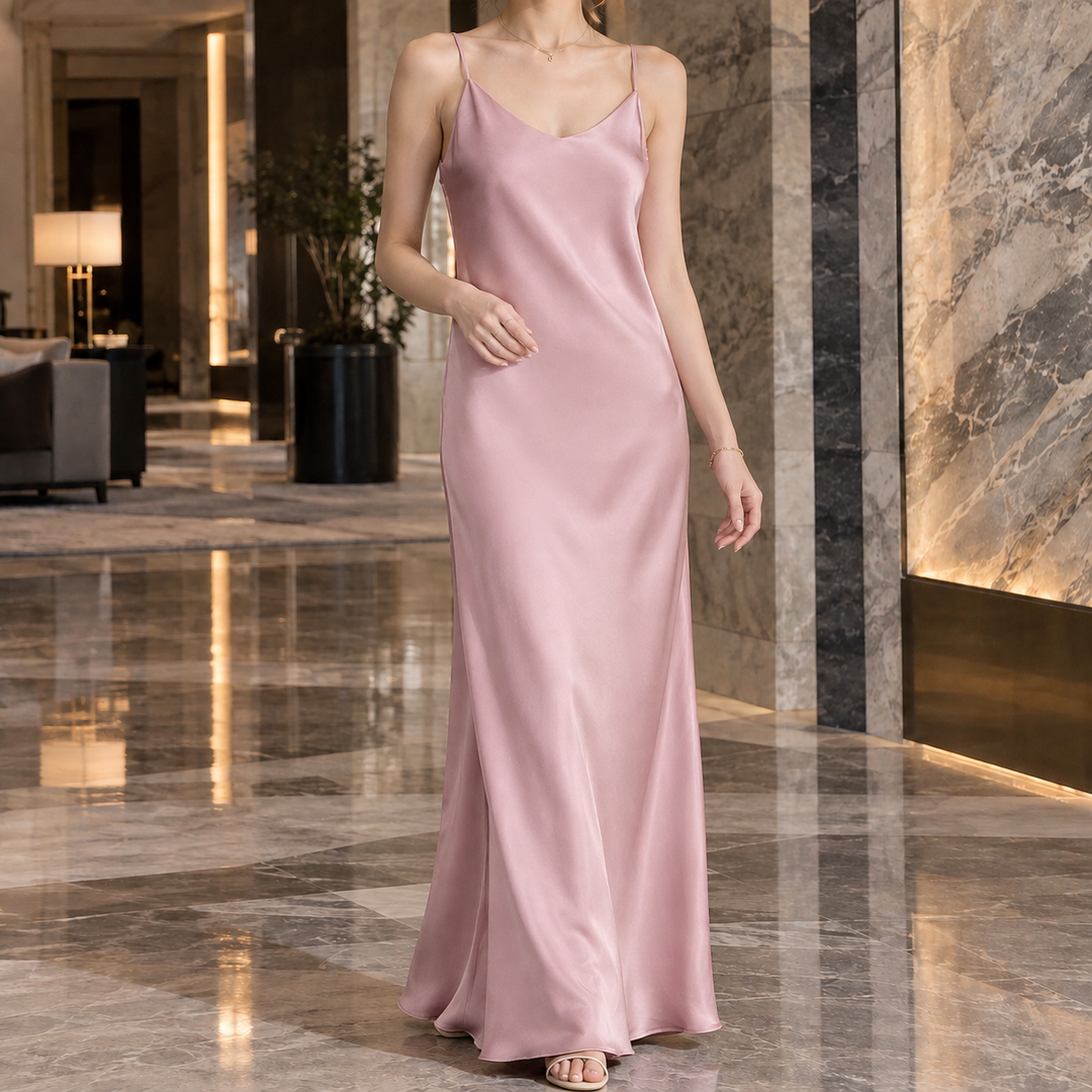 Angela | Elegant Satin Slip Fall Wedding Guest Maxi Dress