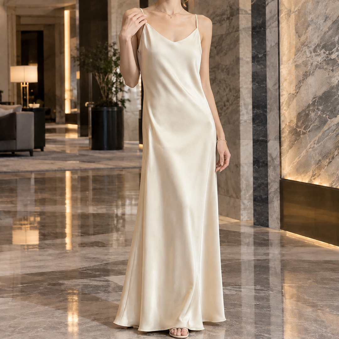 Angela | Elegant Satin Slip Fall Wedding Guest Maxi Dress