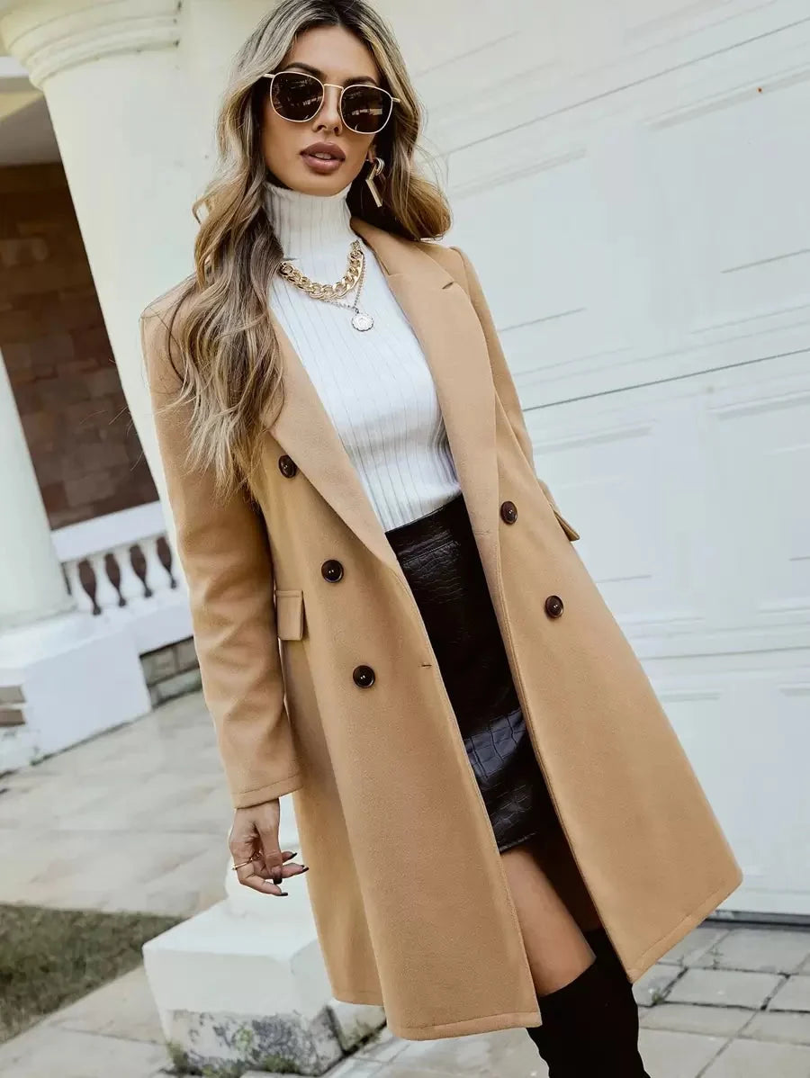 Angela | Graceful Double-Breasted Pea Coat Knee-Length Overcoat