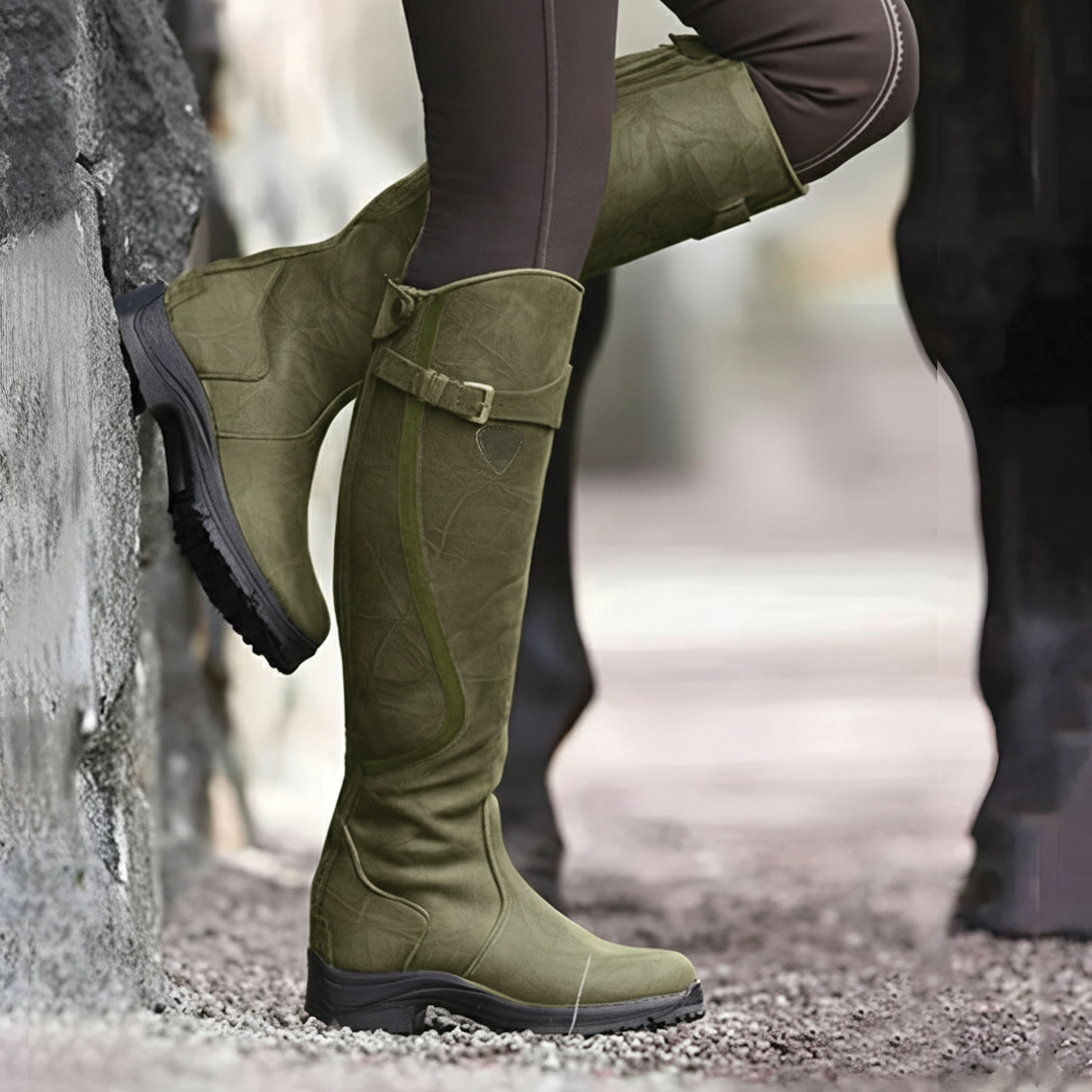 Angela | Polished Buckle Strap Knee High Boots