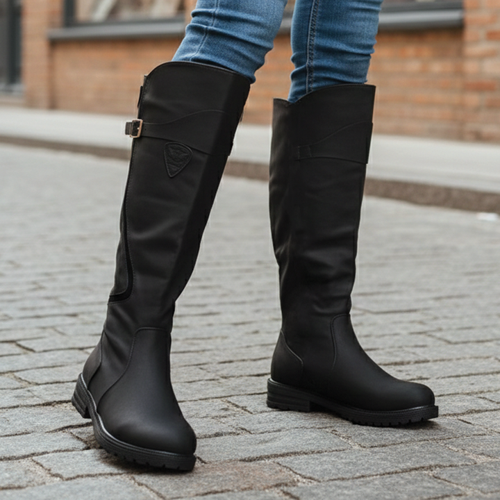 Angela | Polished Buckle Strap Knee High Boots