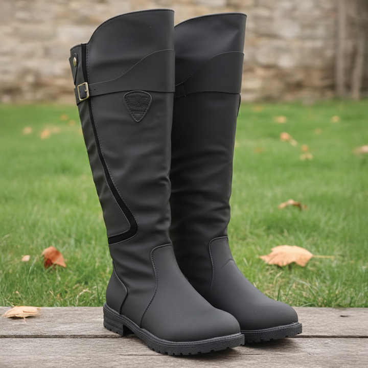 Angela | Polished Buckle Strap Knee High Boots