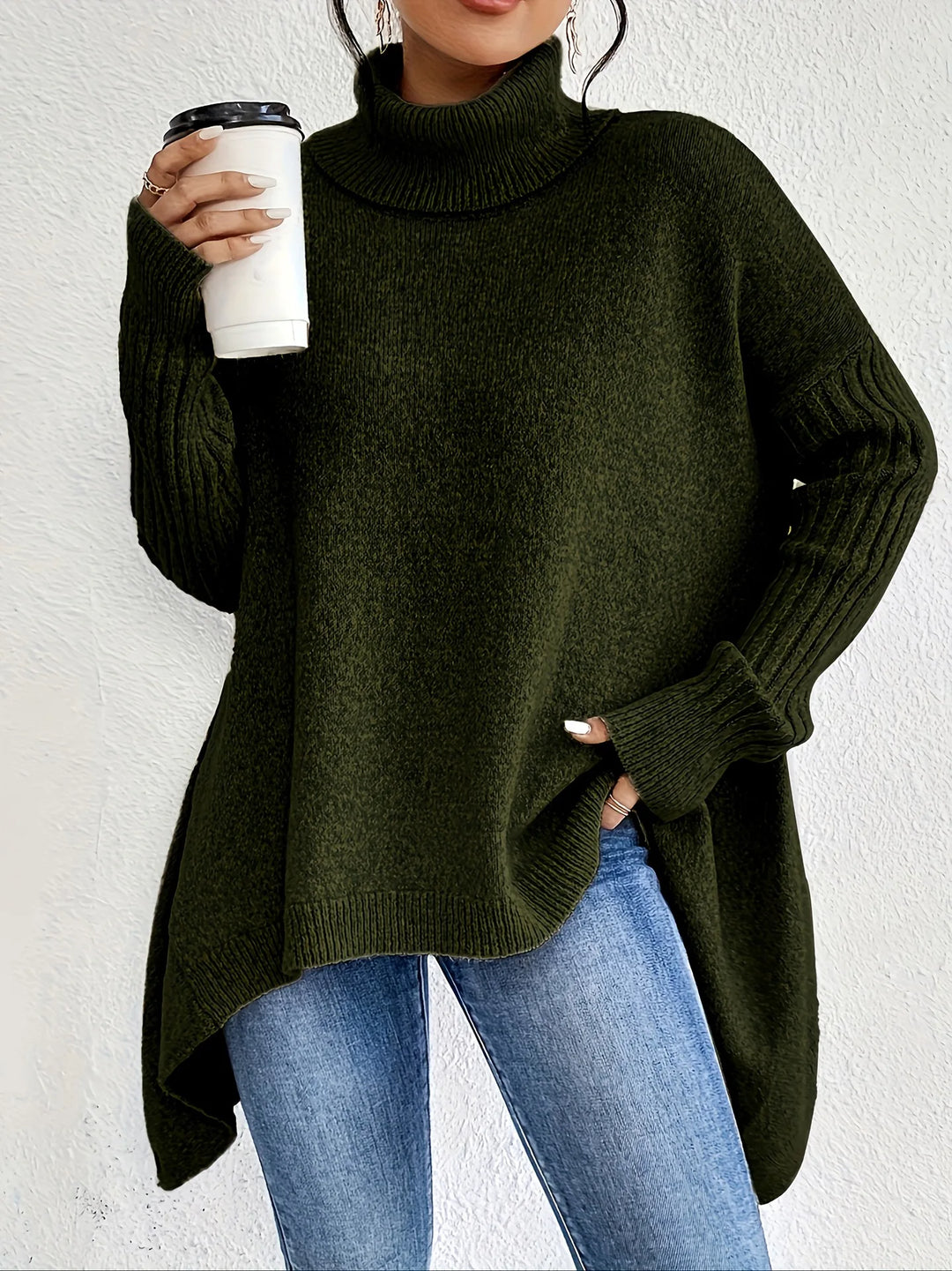 Angela | Polished Oversized Turtleneck Sweater with Asymmetric Hem