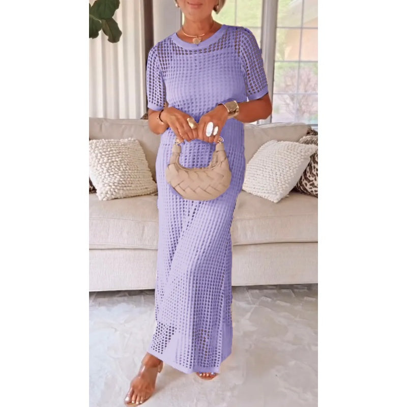 Ashley | Sophisticated Crochet Knit Short Sleeve Sweater Dress