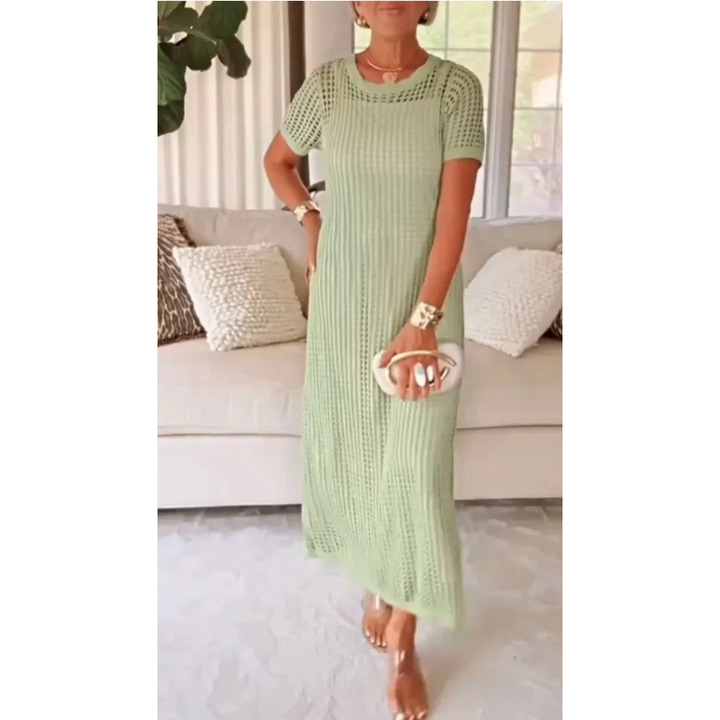 Ashley | Sophisticated Crochet Knit Short Sleeve Sweater Dress
