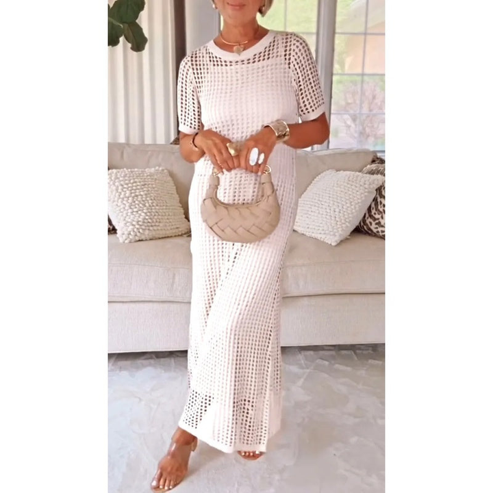 Ashley | Sophisticated Crochet Knit Short Sleeve Sweater Dress
