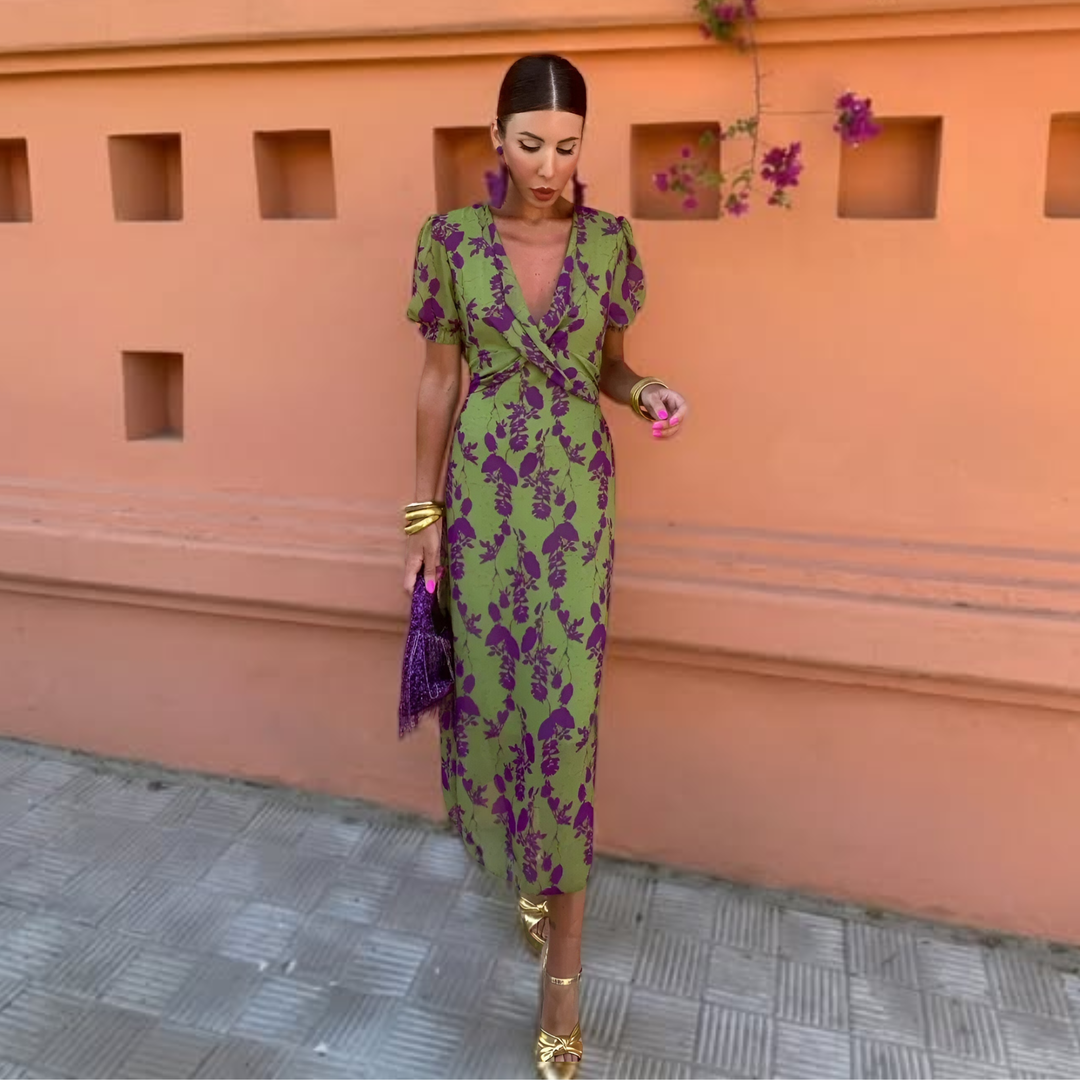 Ava | Stylish Floral Print Holiday Dress with Puff Sleeves