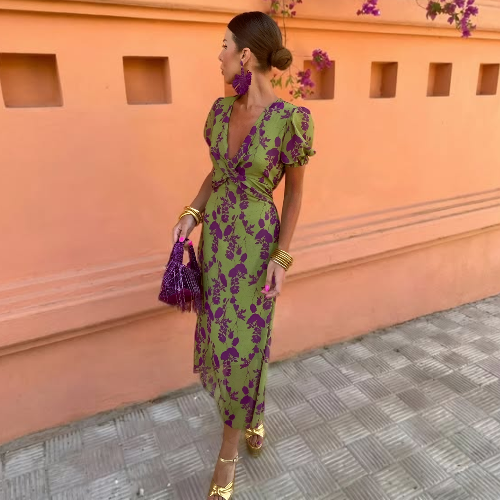 Ava | Stylish Floral Print Holiday Dress with Puff Sleeves