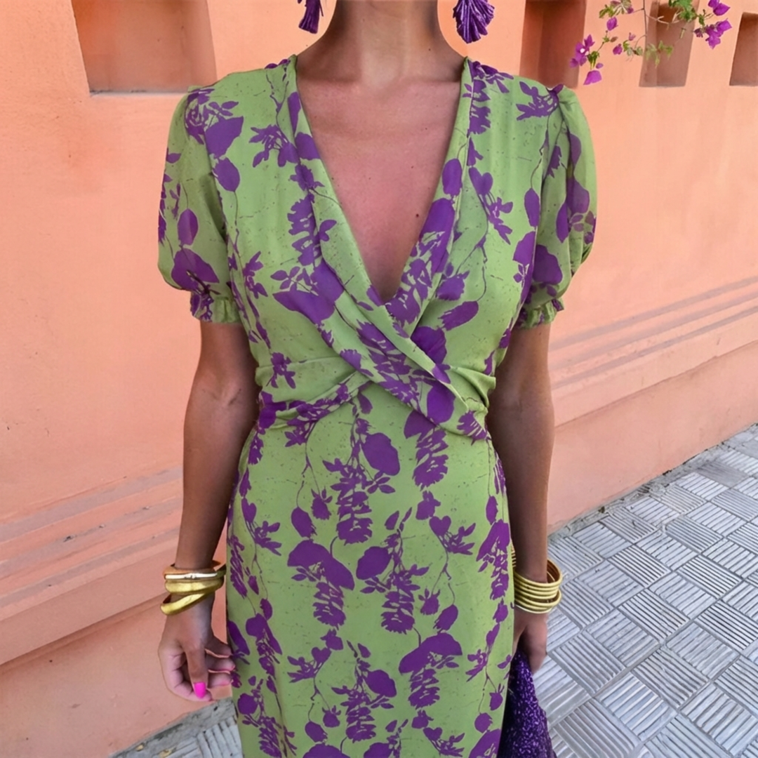 Ava | Stylish Floral Print Holiday Dress with Puff Sleeves