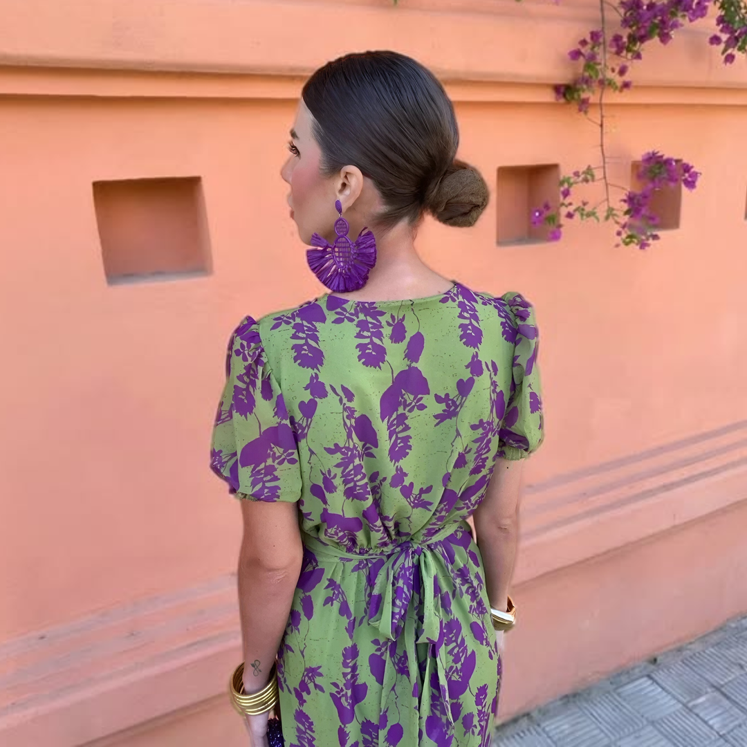 Ava | Stylish Floral Print Holiday Dress with Puff Sleeves